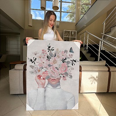 Quadro Decorativo Canvas Pintura de Mulher Com Flor no Rosto Vertical