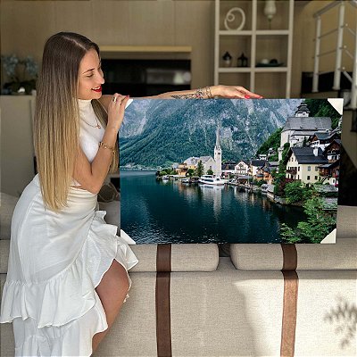 Quadro Decorativo Flutuante Paisagem de Lago no Vilarejo Hallstatt na Áustria Horizontal