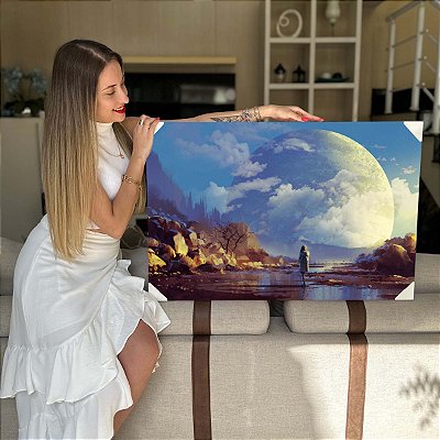 Quadro Decorativo Flutuante Abstrato Pessoa Observando Lua Cheia Grande Horizontal