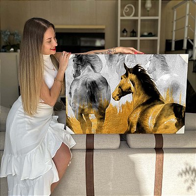 Quadro Decorativo Flutuante Animal Composição Abstrata de Dupla de Cavalos Horizontal