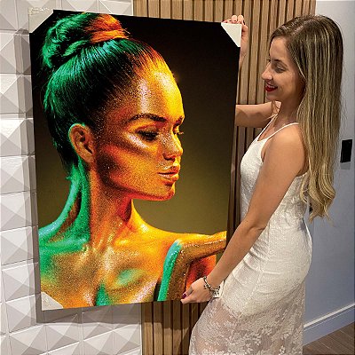 Quadro Decorativo Flutuante Mulher Beleza Feminina Perfil Maquiagem Dourada Gold Luxo Vertical