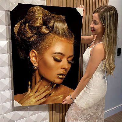 Quadro Decorativo Flutuante Mulher Beleza Feminina Maquiagem Dourada Gold Luxo Penteado Vertical