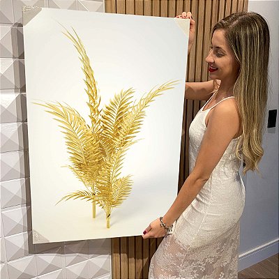 Quadro Decorativo Flutuante Abstrato Folhas em Ouro Luxo Vertical