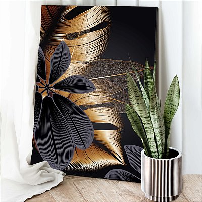 Quadro Decorativo Canvas Folhas Pretas e Douradas Asbtrato Vertical