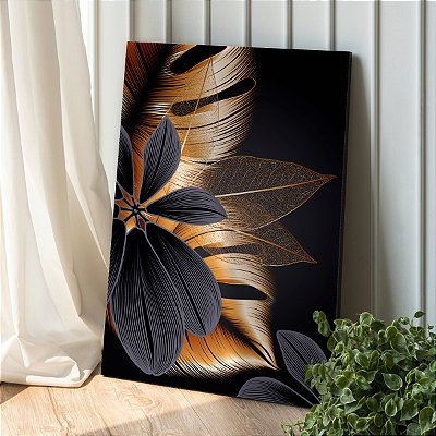 Quadro Decorativo Canvas Folhas Pretas e Douradas Asbtrato Vertical