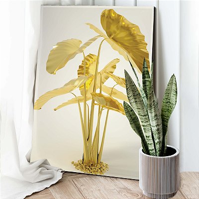 Quadro Decorativo Canvas Abstrato Folhas em Ouro Luxo Vertical