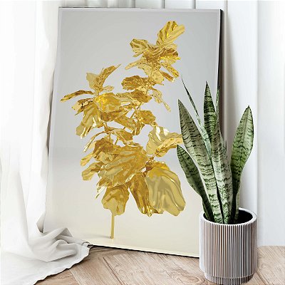Quadro Decorativo Canvas Abstrato Folhas Gold Shine Vertical