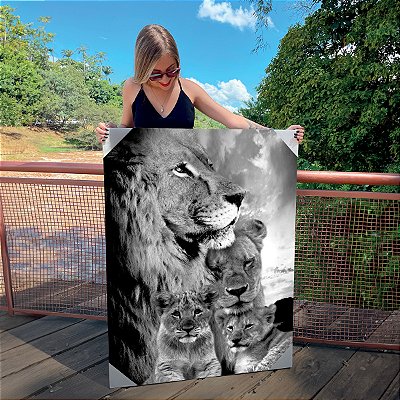 Quadro Decorativo Canvas Animal Selvagem Perfil Familia Leão Vertical