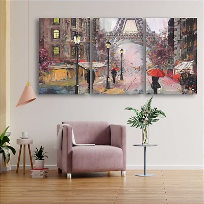 Quadro Decorativo Trio Flutuante Pintura Cidade de Paris Torre Eiffel Horizontal