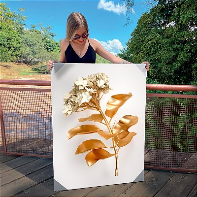 Quadro Decorativo Canvas Flor Hortência Dourada Vertical