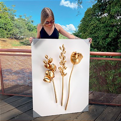 Quadro Decorativo Canvas Trio de Flores Douradas Vertical