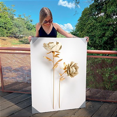 Quadro Decorativo Canvas Flores Rosas Brancas e Douradas