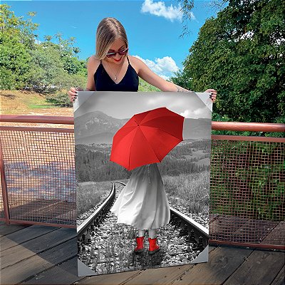 Quadro Decorativo Canvas Mulher com Guarda Chuva Vermelho Vertical