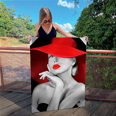 Quadro Decorativo Canvas Mulher com Chapéu e Batom Vermelho Vertical