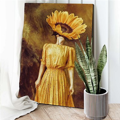 Quadro Decorativo Canvas Mulher com Girassol no Rosto Vertical