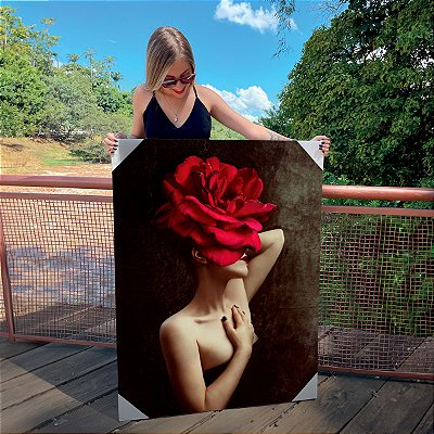 Quadro Decorativo Canvas Mulher com Rosa Vermelha no Rosto Vertical