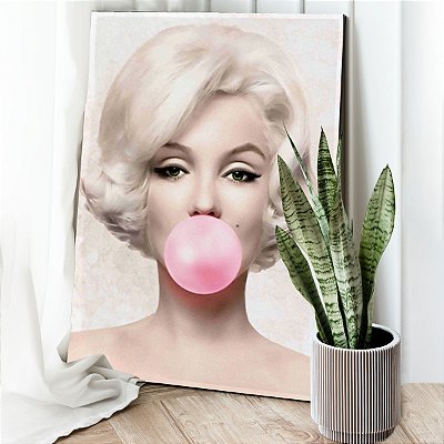 Quadro Decorativo Canvas Marilyn Monroe com Bola de Chicletes Rosa Vertical