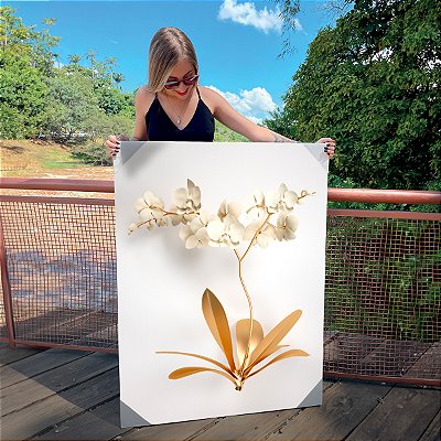 Quadro Decorativo Canvas Floral Orquídeas Douradas Vertical