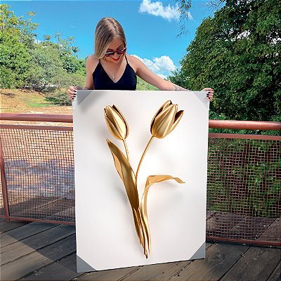 Quadro Decorativo Canvas Floral Tulipas Douradas Vertical