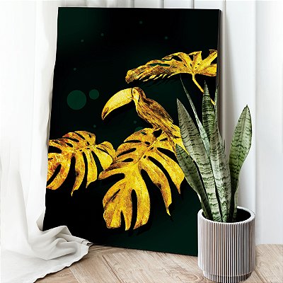 Quadro Decorativo Canvas Botânico Costela de Adão e Tucano Dourado Vertical