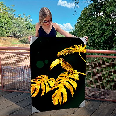 Quadro Decorativo Canvas Botânico Costela de Adão e Tucano Dourado Vertical