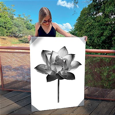 Quadro Decorativo Canvas Flor de Lótus Efeito Grafite Preto Vertical