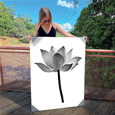 Quadro Decorativo Canvas Flor de Lótus Efeito Grafite Preto Vertical