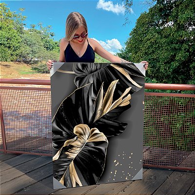 Quadro Decorativo Canvas Costela de Adão Preto e Dourado Fundo Cinza Vertical