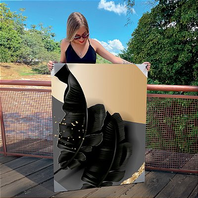 Quadro Decorativo Canvas Folha Preta Abstrata Fundo Dourado e Cinza Vertical