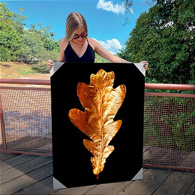 Quadro Decorativo Canvas Folhas Douradas Fundo Preto Vertical