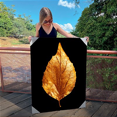 Quadro Decorativo Canvas Folha Dourada Gold Fundo Preto Vertical