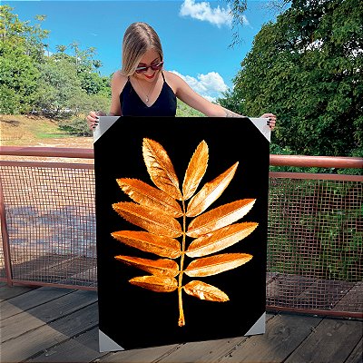 Quadro Decorativo Canvas Folha Dourada Gold Fundo Preto Vertical