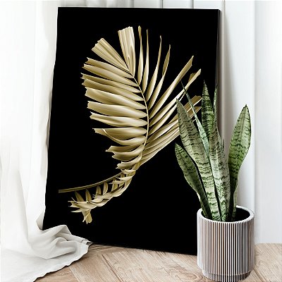 Quadro Decorativo Canvas Folha de Palmeira Dourada Fundo Preto Vertical