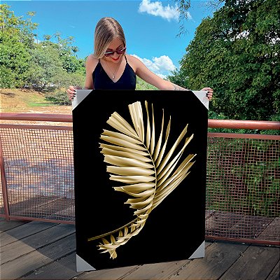 Quadro Decorativo Canvas Folha de Palmeira Dourada Fundo Preto Vertical