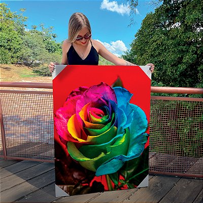 Quadro Decorativo Canvas Floral de Rosa Colorida com Fundo Vermelho Vertical