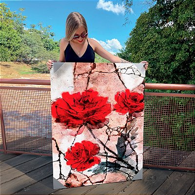 Quadro Decorativo Canvas Flores Rosas Vermelhas Fundo Abstrato Vertical