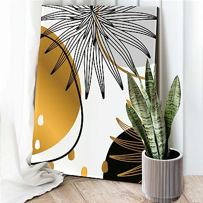 Quadro Decorativo Canvas Composição Abstrata de Folhas e Detalhes Dourados Vertical