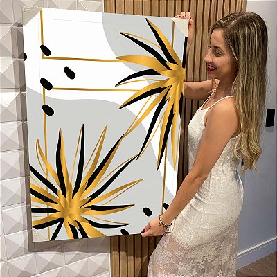 Quadro Decorativo Flutuante Composição Abstrata de Folhas e Detalhes Dourados Vertical