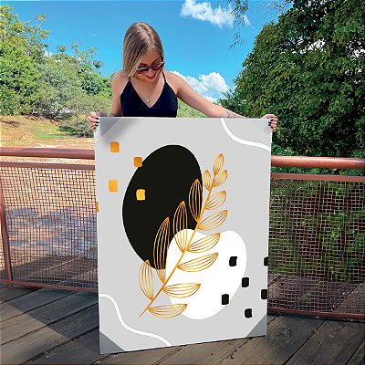 Quadro Decorativo Canvas Composição Abstrata de Folhas Douradas com Preto Vertical