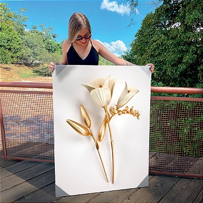Quadro Decorativo Canvas Flores Brancas e Douradas