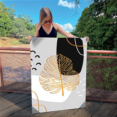 Quadro Decorativo Canvas Folhagens Pretas e Douradas Abstratas Vertical