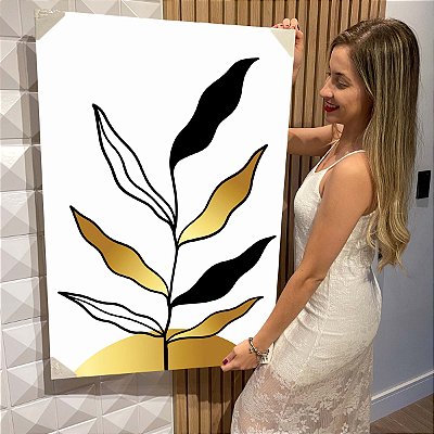 Quadro Decorativo Flutuante Folhagens Pretas e Douradas Abstratas Vertical
