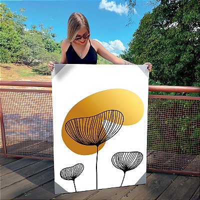 Quadro Decorativo Canvas Folhagens Pretas e Douradas Abstratas Vertical