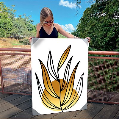 Quadro Decorativo Canvas Folhagens Pretas e Douradas Abstratas Vertical