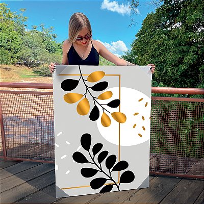 Quadro Decorativo Canvas Folhagens Pretas e Douradas Abstratas Vertical