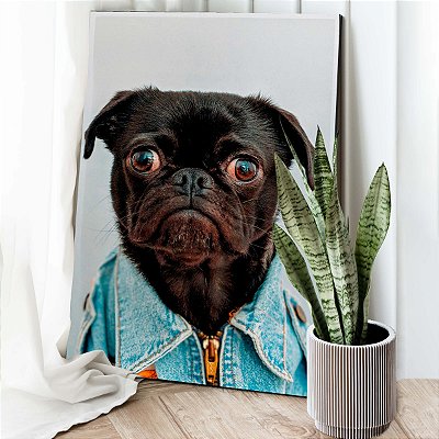 Quadro Decorativo Canvas Dog Pug com Jaqueta Jeans Pets Vertical