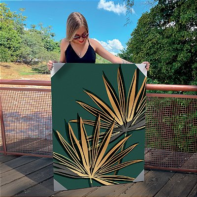 Quadro Decorativo Canvas Folhas Fundo Verde Vertical