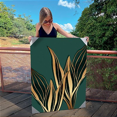 Quadro Decorativo Canvas Folhas Fundo Verde Vertical