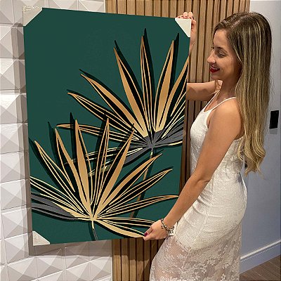 Quadro Decorativo Flutuante Folhas Fundo Verde Vertical