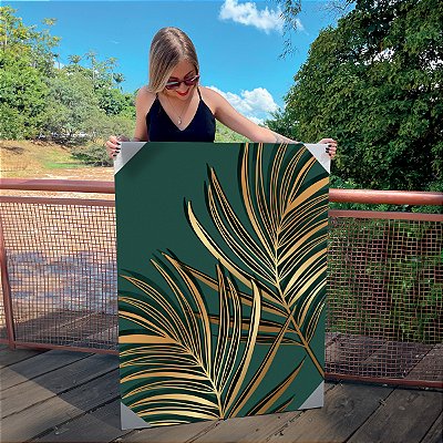 Quadro Decorativo Canvas Folhas Fundo Verde Vertical